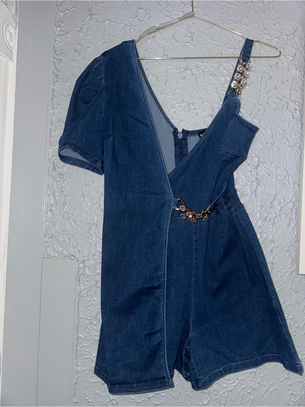 Denim Asymmetric Wrap Romper Dress in Dark Blue